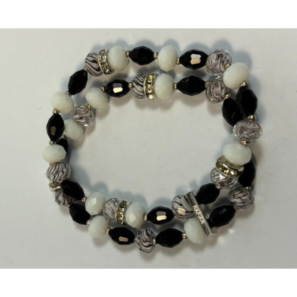 Bracelet Beaded Black‎ and White Beads Signed Elastic Vintage Napier